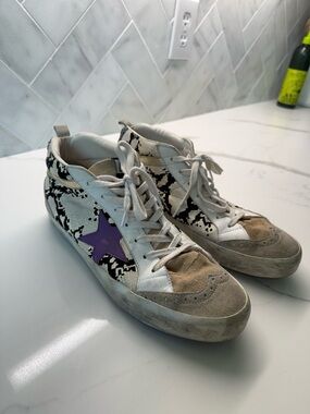 Golden Goose White High-Top Sneakers with Purple Star & Black Pattern